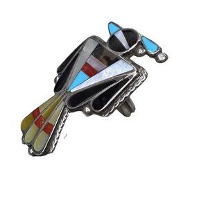 Vtg Zuni Sterling Silver Thunderbird Ring Multi Stone Inlay 7 Native American